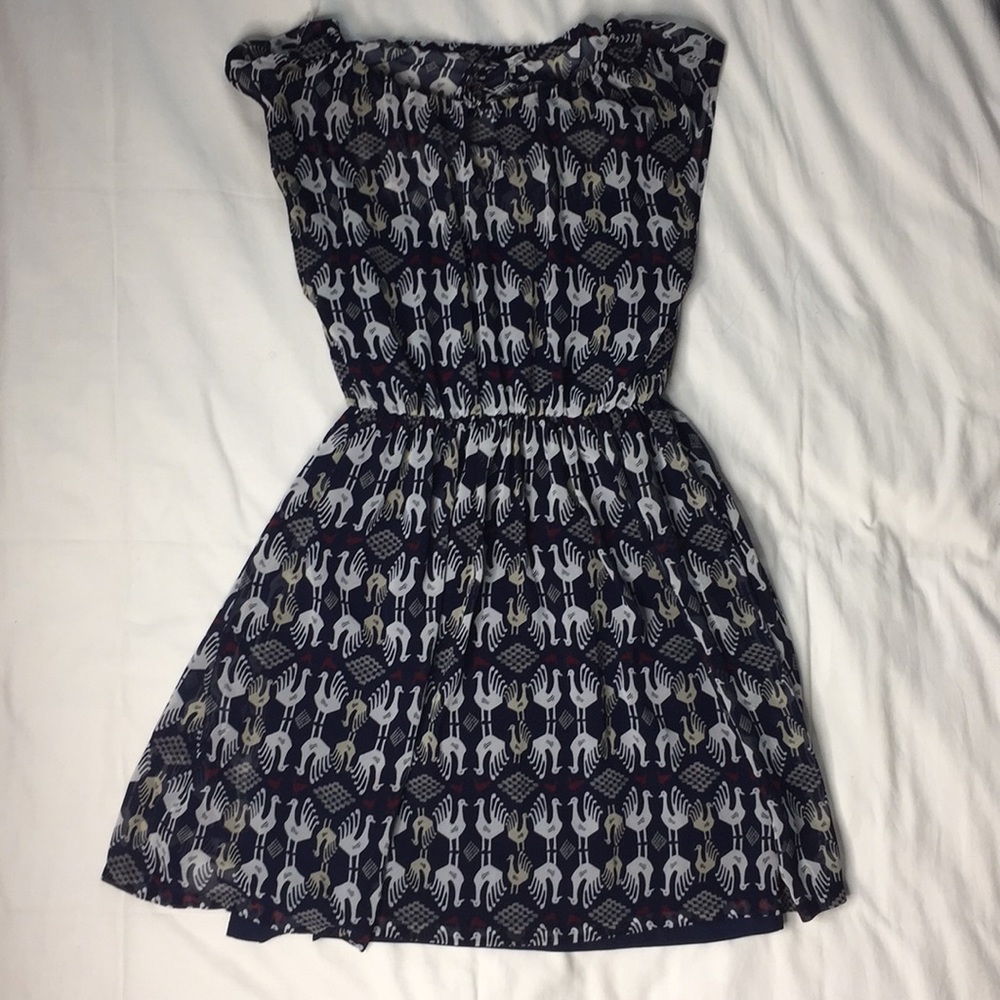 Quiksilver Sheer Bird Print Dress — Layered Slip, Cinched Waist, S